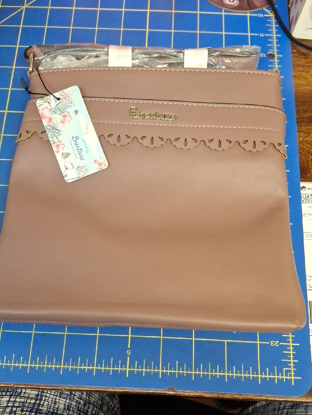 Brentano Purple Scalloped Crossbody 9x9x1 Bag Gold Logo NWT